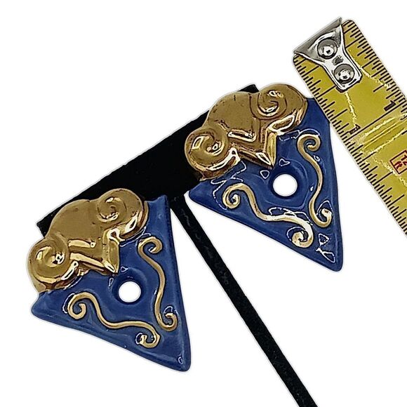 Geometric Abstract Earrings Clip On Terracotta Clay Handpainted Large Blue Gold - Picture 2 of 16